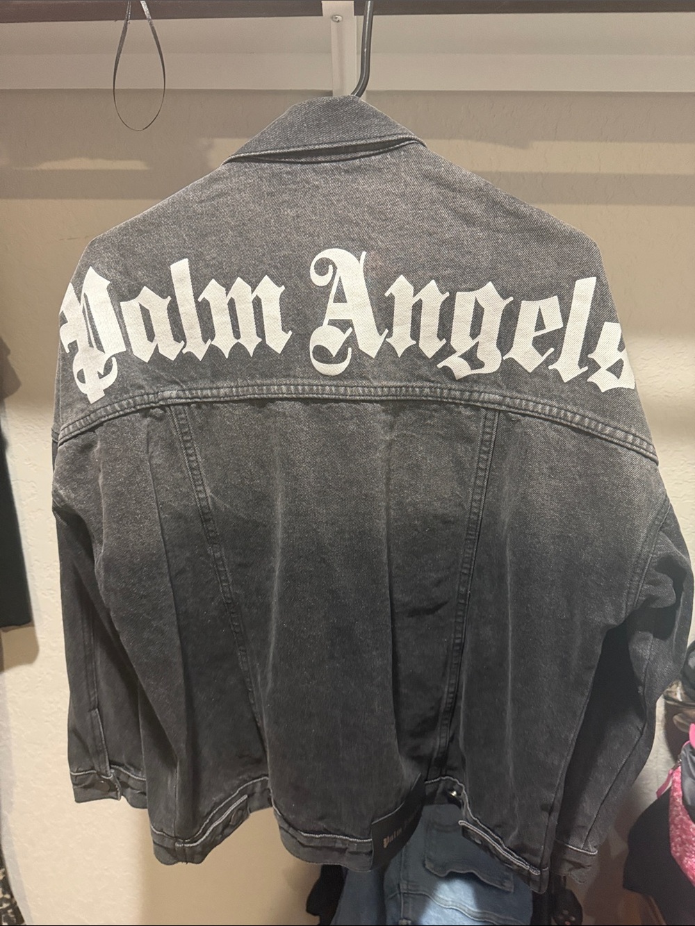 Palm Angels Black Denim Jacket with White Script